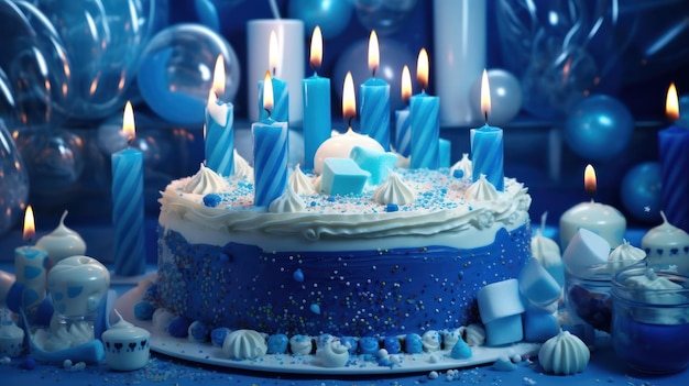 Bolo de aniversário azul com velas em cima da mesa