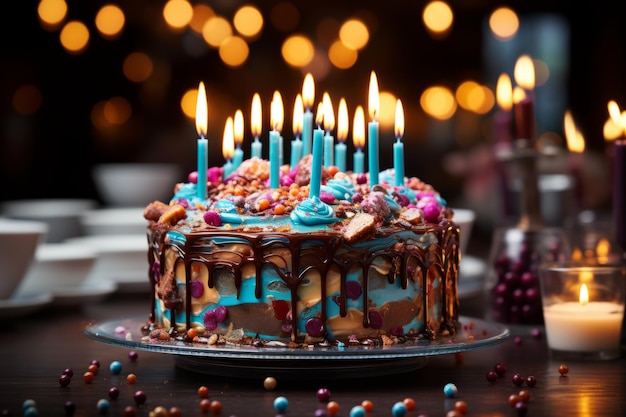 bolo de aniversário branco com doces espalhados velas multicoloridas em fundo azul escuro foto de alta qualidade