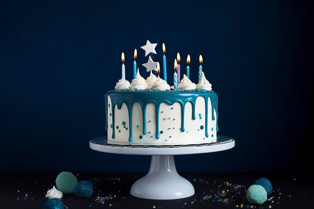 bolo de aniversário branco com gotas de estrela de ganache e velas divertidas sobre fundo azul escuro geram ai