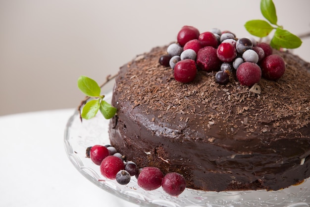 Bolo de aniversário caseiro de chocolate fresco com frutas orgânicas congeladas e folhas frescas de primavera por cima