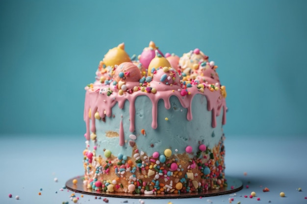Bolo de aniversário colorido com confeitos em fundo azul pastel