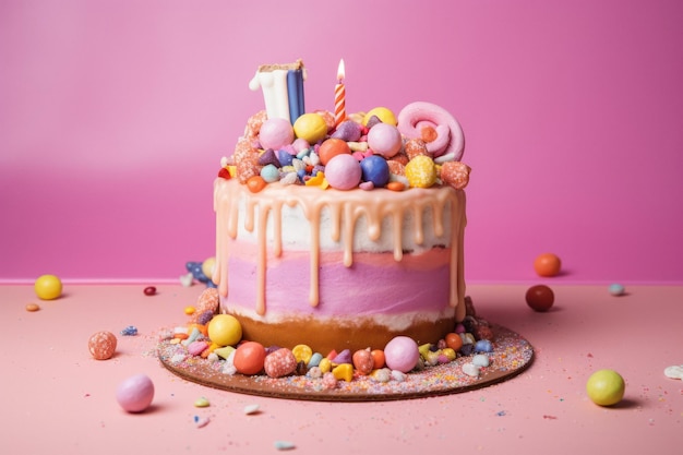 Bolo de aniversário colorido com glacê e doces em fundo rosa pastel