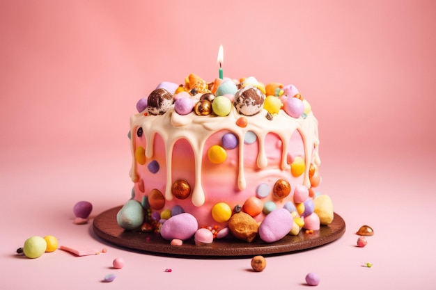 Bolo de aniversário colorido com glacê e doces em fundo rosa pastel