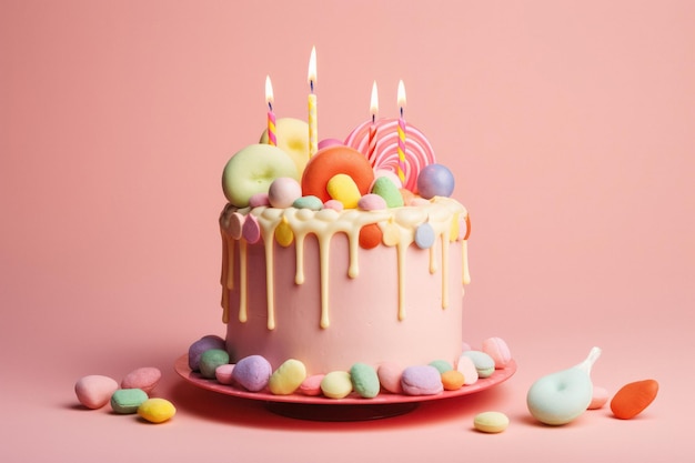 Bolo de aniversário colorido com glacê e doces em fundo rosa pastel