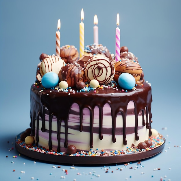 bolo de aniversário colorido com salpicaduras e velas