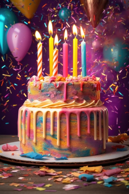 Bolo de aniversário colorido com velas acesas e confetes criados com IA generativa