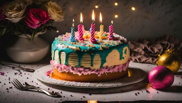 bolo de aniversário colorido com velas acesas