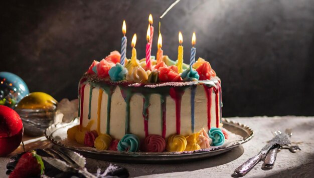 bolo de aniversário colorido com velas acesas