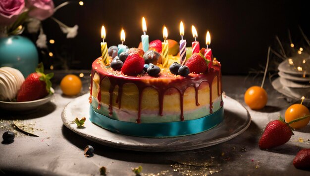bolo de aniversário colorido com velas acesas