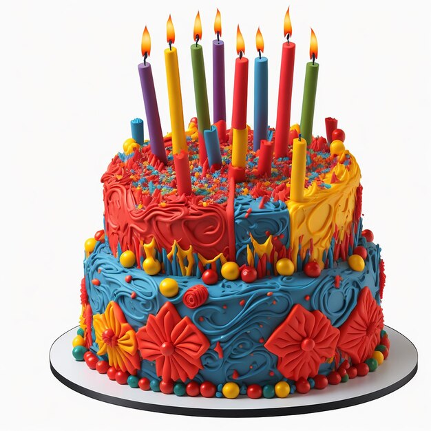 bolo de aniversário colorido com velas isoladas em fundo branco PNG