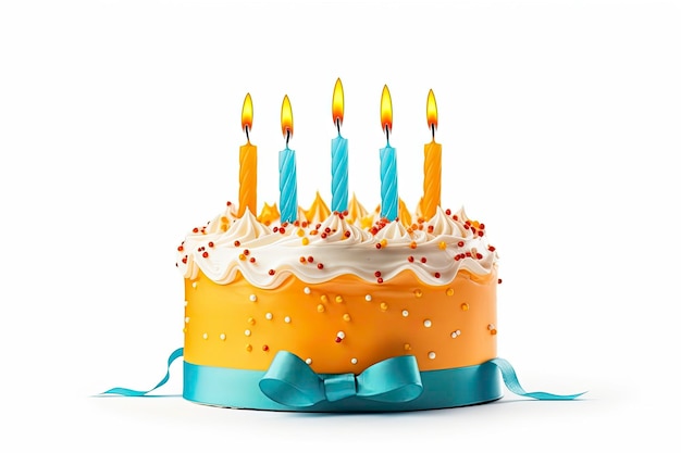 Bolo de aniversário colorido com velas isoladas em fundo branco