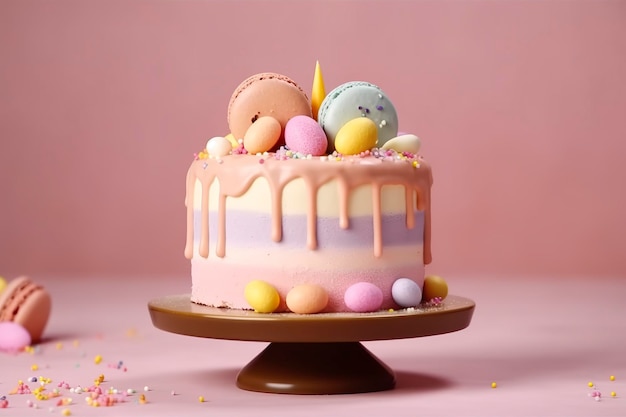 Bolo de aniversário colorido em fundo pastel Doce e delicioso Espaço para cópia de bolo de feliz aniversário Conceito de celebração AI Generative