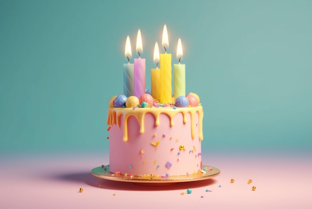 Bolo de aniversário colorido em fundo pastel generativo ai
