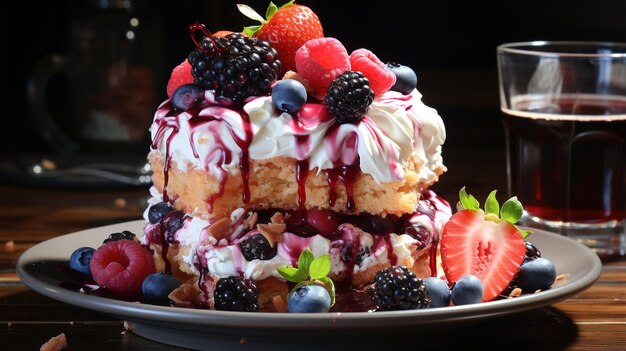 Bolo de aniversário com bagas de frutas e biscoitos copiam o conceito de festa espacial para crianças e adultos