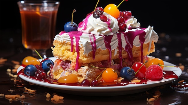 Bolo de aniversário com bagas de frutas e biscoitos copiam o conceito de festa espacial para crianças e adultos