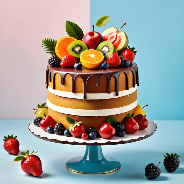 Foto bolo de aniversário com bagas e frutas em fundo azul e rosa