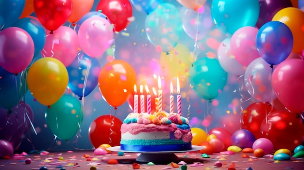 bolo de aniversário com balões coloridos e velas