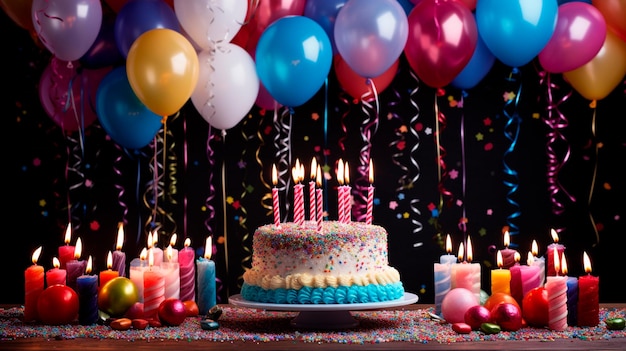 bolo de aniversário com balões coloridos e velas