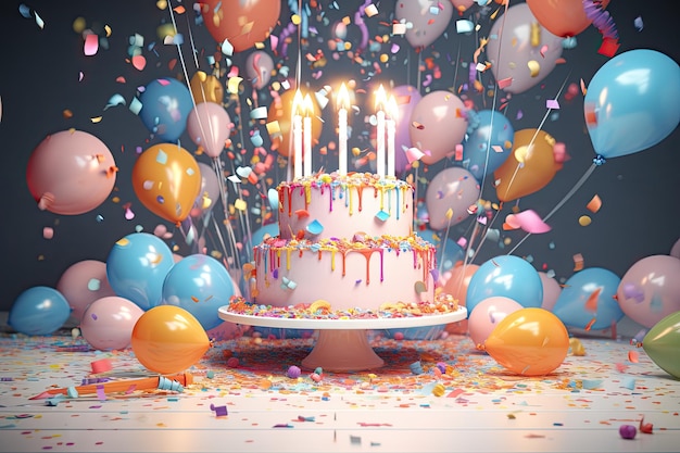 Bolo de aniversário com balões de velas em chamas e renderização em 3D de confetes Renderização em 3D do bolo de aniversário com balões de velas e confetes gerados por IA