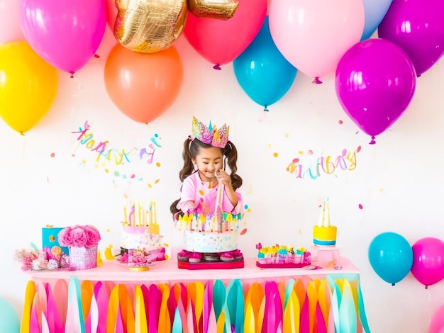 Foto bolo de aniversário com balões em branco e rosa