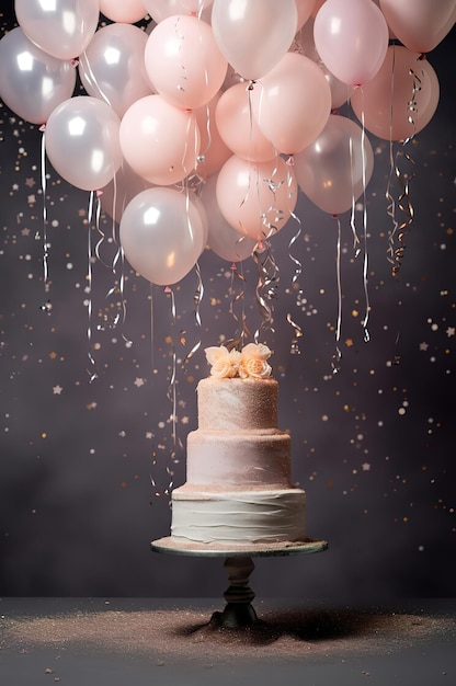 Bolo de aniversário com balões rosa e brancos e confetes em fundo cinza