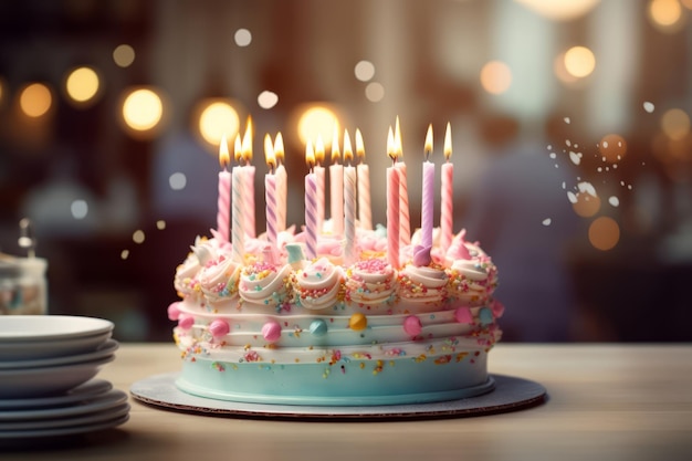 Bolo de aniversário com cobertura granulada e velas coloridas de aniversário Ilustração generativa de IA