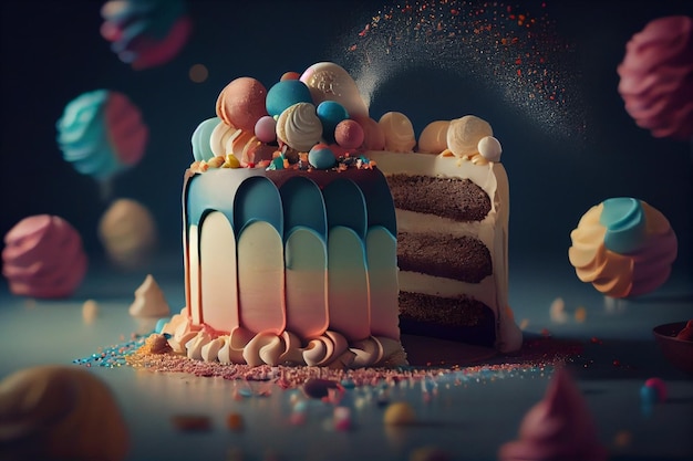 Bolo de aniversário com creme colorido e granulado em um backgroundgenerative ai escuro