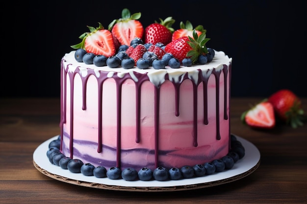 bolo de aniversário com framboesa morango e morango decoração gerada