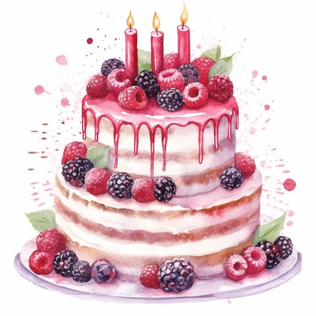 Bolo de aniversário com frutas e velas. ilustração em aquarela de um bolo de aniversário com frutas vermelhas e velas ilustração stock