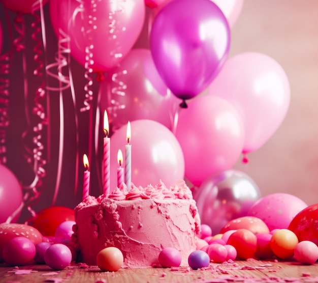 Bolo de aniversário com glacê rosa e velas acesas rodeadas de balões e confetes Generative AI