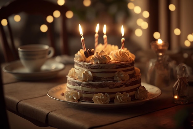 Bolo de aniversário com ilustração de velas acesas IA generativa