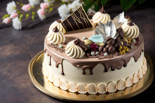 Bolo de aniversário com lindas decorações Para comprar a sobremesa do confeiteiro Bolo de aniversário da mamãe