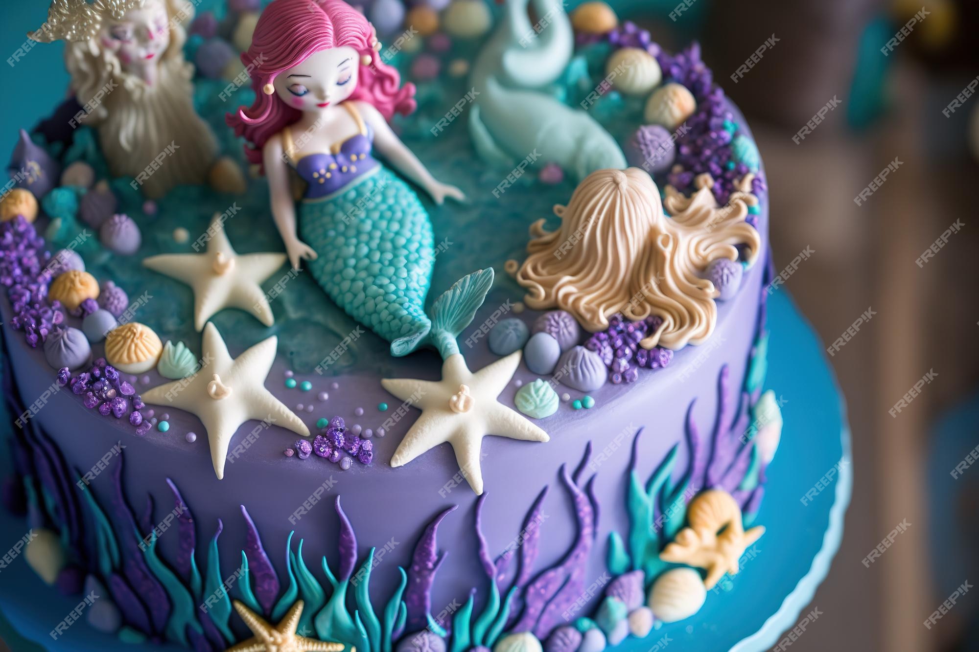 Bolo de aniversário com sereias em um fundo roxo