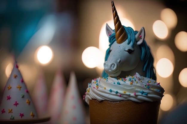 bolo de aniversário com um pequeno unicórnio em cima iluminado e desfocado contra um fundo brilhante