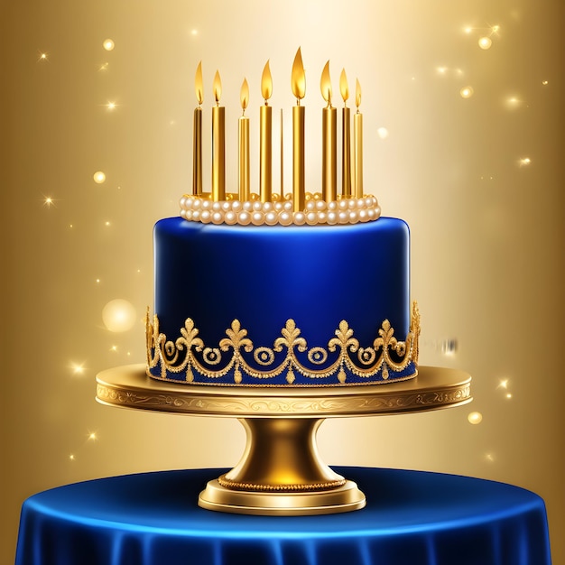 bolo de aniversário com velas a arder sobre um fundo azul.