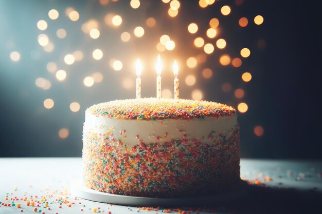 bolo de aniversário com velas bokeh fundo com luzes de fada copiar espaço gráfico bandeira