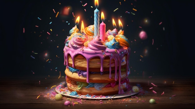 bolo de aniversário com velas coloridas em mesa de madeira