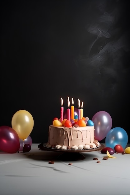 Bolo de aniversário com velas e balões em fundo AI gerado