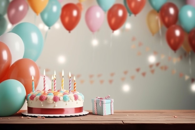 bolo de aniversário com velas e balões na mesa contra fundo azul Ai Gerado