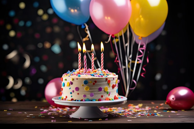 Bolo de aniversário com velas e balões na mesa de madeira contra fundo desfocado Bolo de aniversário com balões coloridos confetes e confetes na mesa gerado por IA
