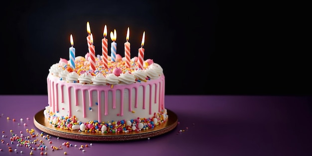 bolo de aniversário com velas e decorações na mesa de festa com bokehAI Generative