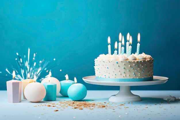 Bolo de aniversário com velas e doces na mesa branca perto da parede azul Generative AI