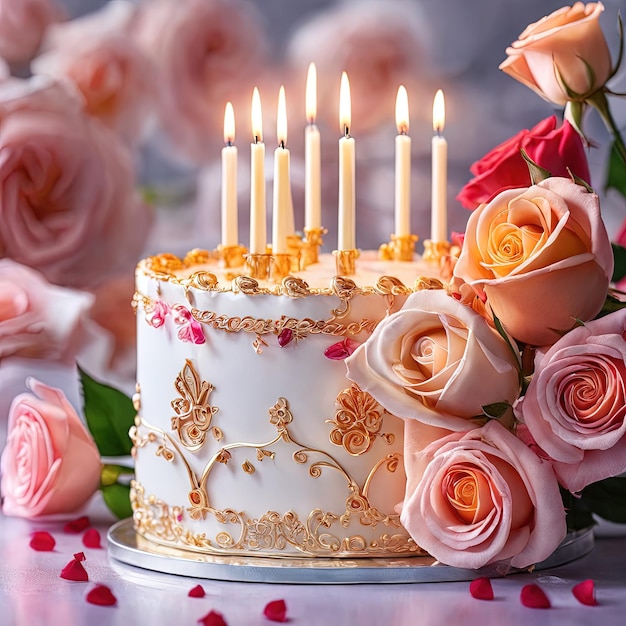 Bolo de aniversário com velas e rosasbolo de aniversário com velas e rosasconceito de aniversário com queimadura