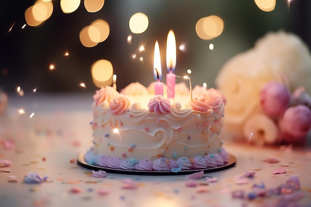 bolo de aniversário com velas em fundo bokeh cintilante