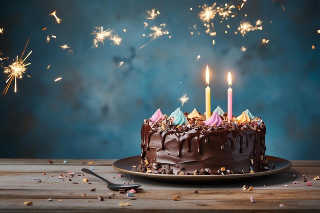 bolo de aniversário com velas em fundo bokeh cintilante