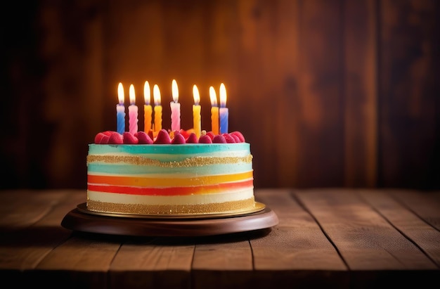 Foto bolo de aniversário com velas em fundo escuro com espaço de cópia