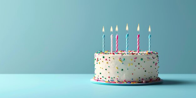 bolo de aniversário com velas em um fundo simples IA generativa