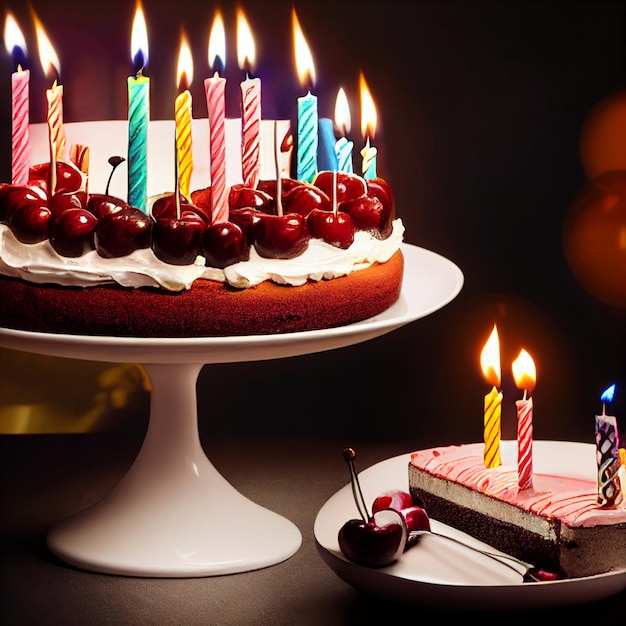 Bolo de aniversário com velas, festa de aniversário, feliz aniversário, cartão de aniversário, celebração, floresta negra