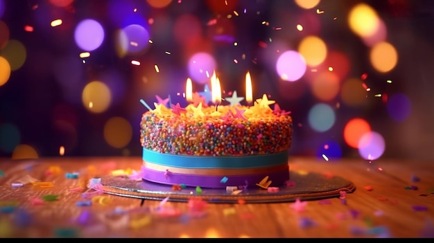 bolo de aniversário com velas luzes brilhantes bokeh