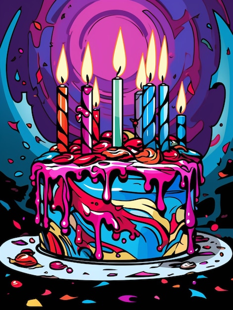 bolo de aniversário com velas pop art feriado colorido brilhante